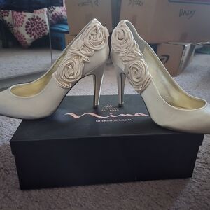 Nina Women's Ivory Satin Flower-Embellished High Heels